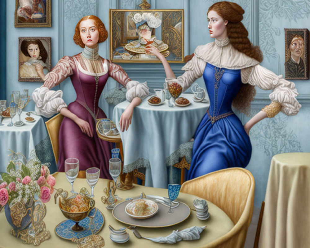 Historical dresses: Elegant women at table with peculiar portraits