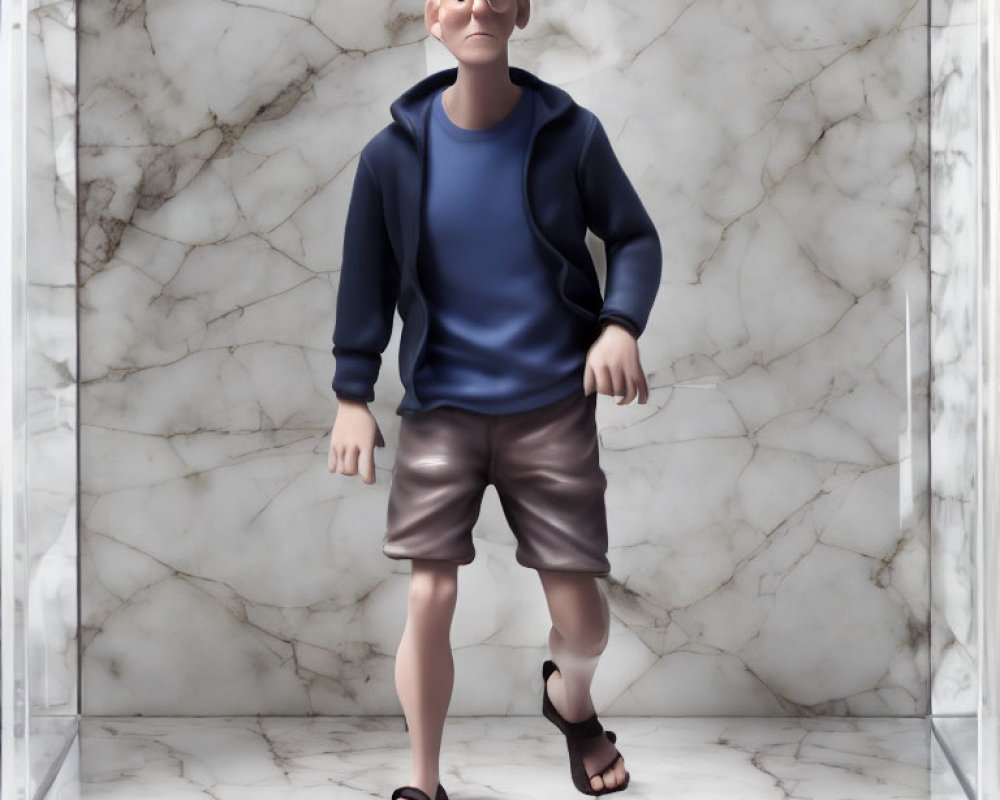 3D animated male figure in blue hoodie and glasses on marbled background