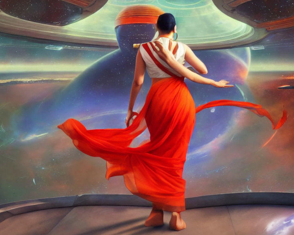 Person in Orange Dress in Futuristic Observatory with Space View