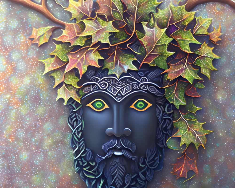 Mystical face with green eyes, Celtic patterns, autumn leaves, starry backdrop