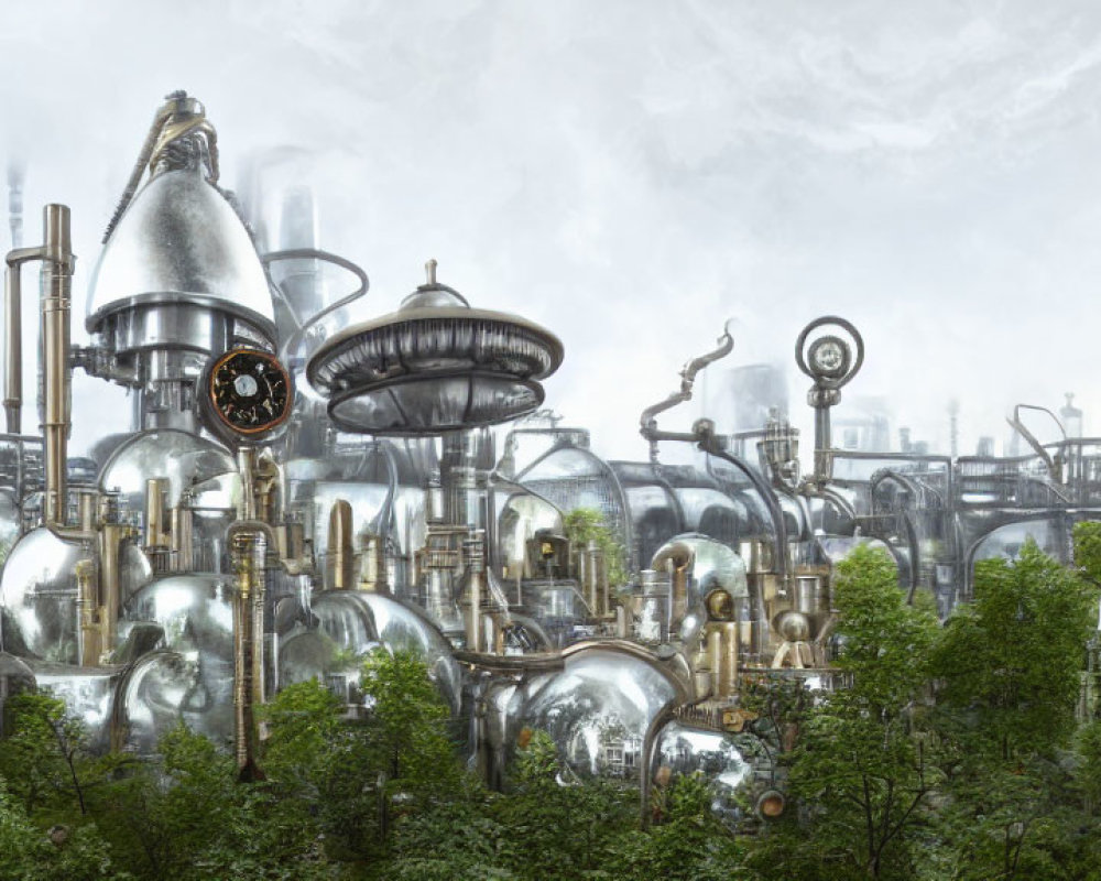 Futuristic industrial cityscape with metallic structures and greenery