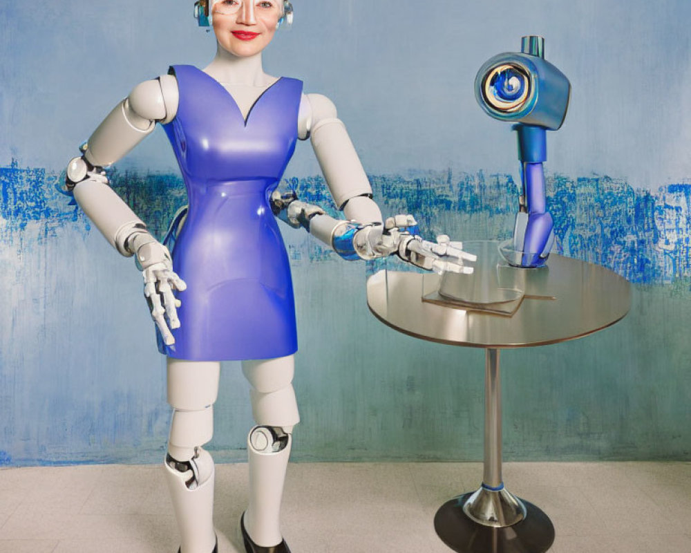 Blue-dressed humanoid robot with glasses next to robotic arm with blue eye sensor