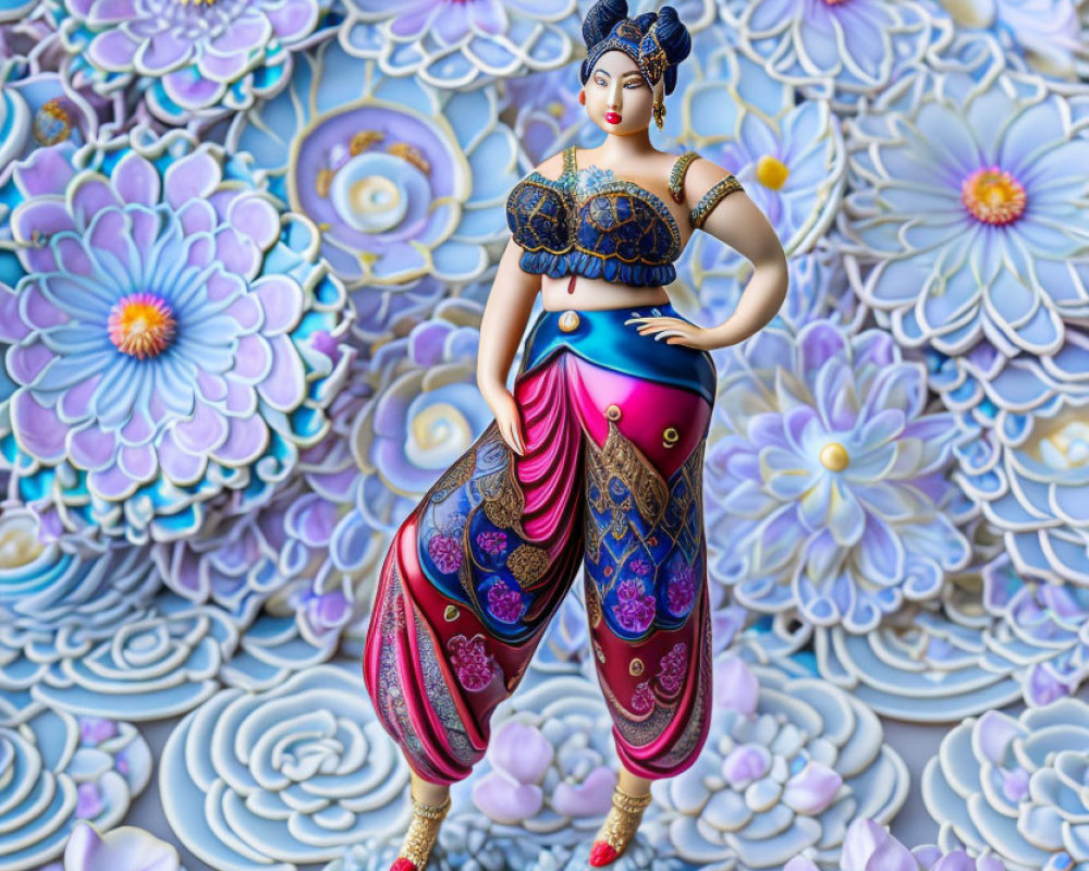 Colorful Woman Figurine in Traditional Attire with Floral Backdrop