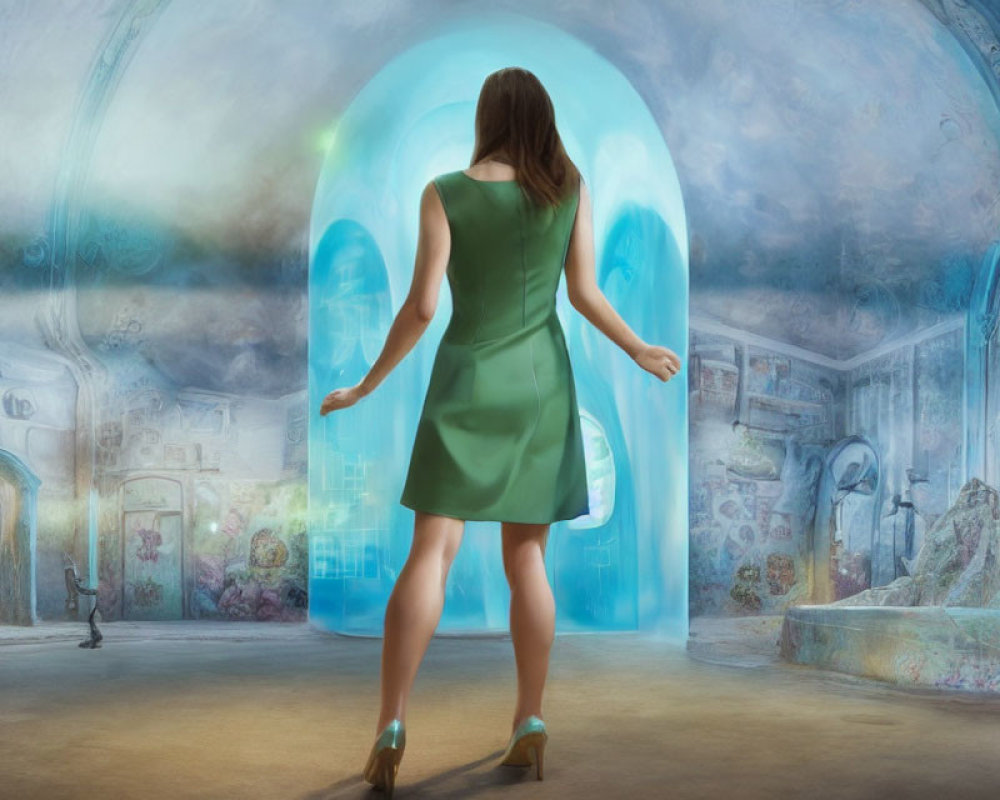 Woman in Green Dress Approaching Glowing Blue Archway in Surreal Painted Room