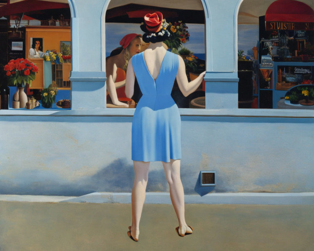 Person in Blue Dress Observing Reflection in Mirror from Balcony