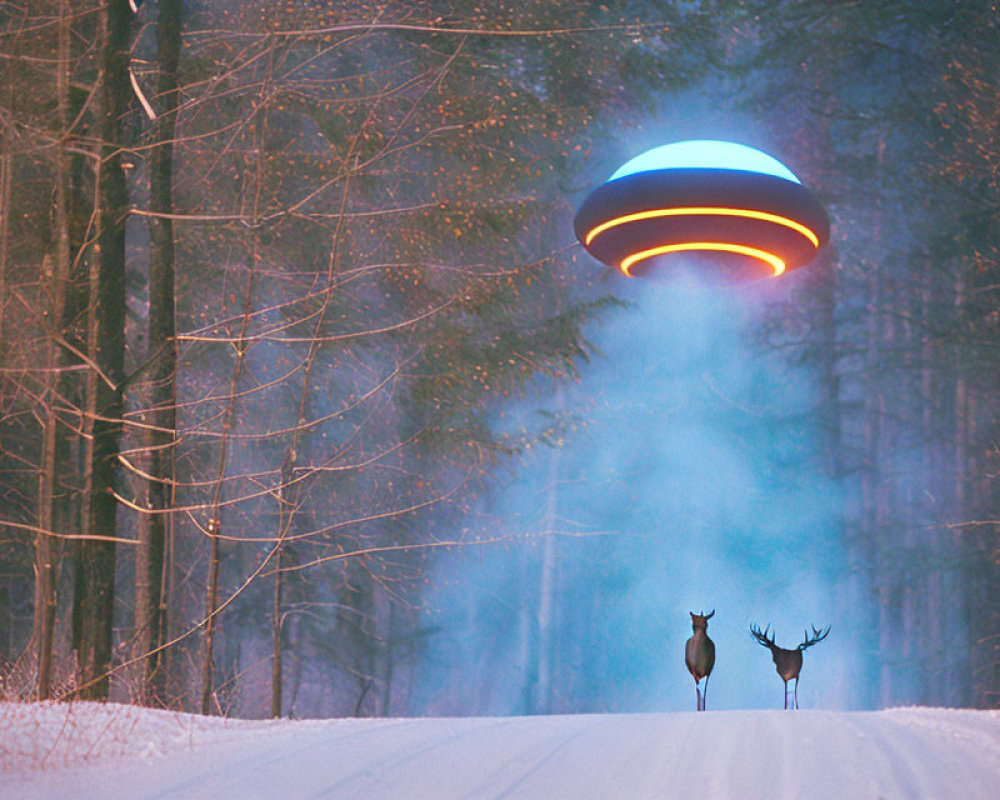 Unidentified Flying Object emitting blue light over snowy forest road.