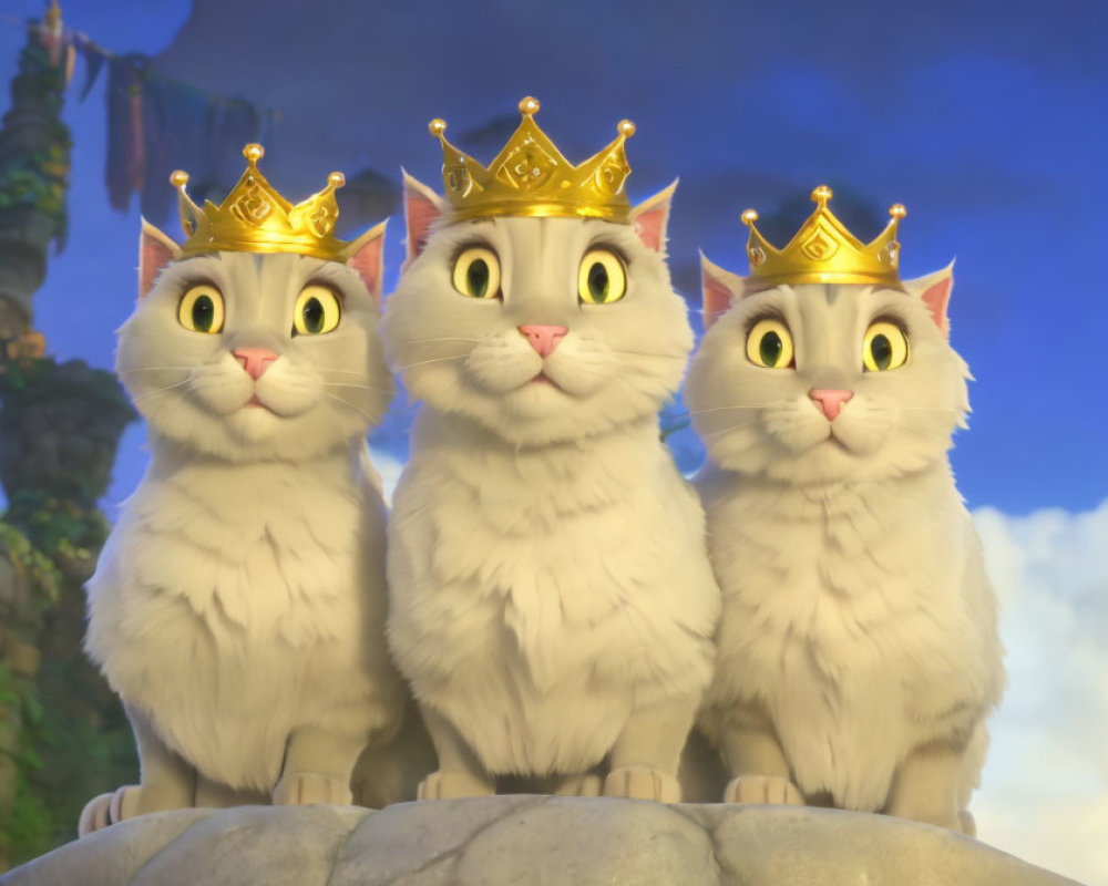 Three white cats with golden crowns sitting together animatedly