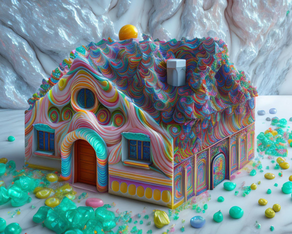 Colorful Whimsical House with Psychedelic Swirl Patterns