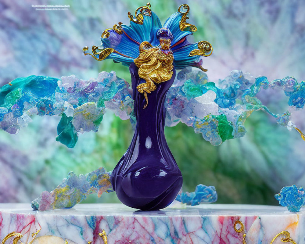 Blue and Gold Glass Flower Sculpture on Dark Purple Vase with Translucent Blue Glass Pieces