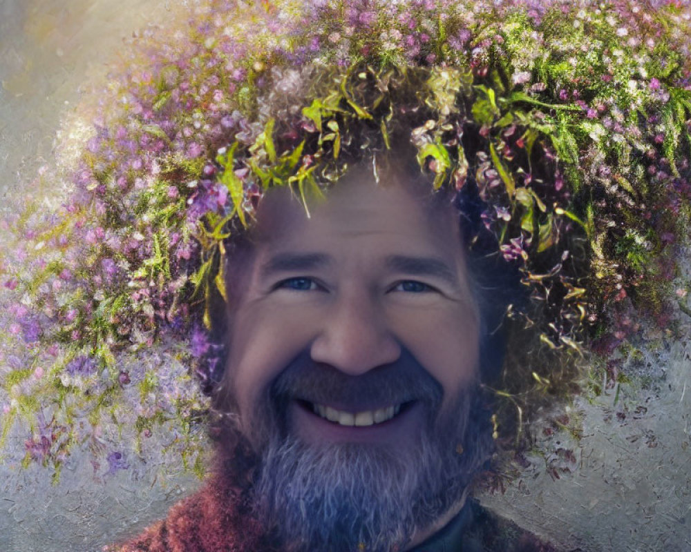 Bearded man smiling with purple and green floral hair on textured background