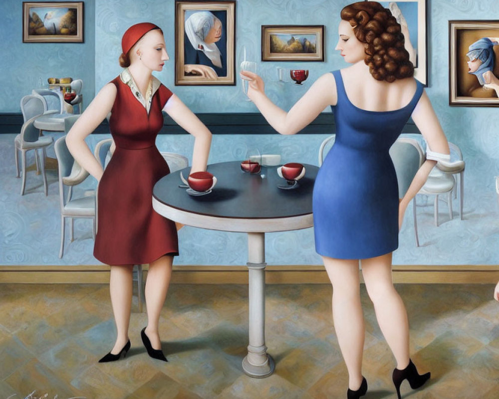 Vintage Attired Women at Cafe Table with Artwork in Stylized Interior