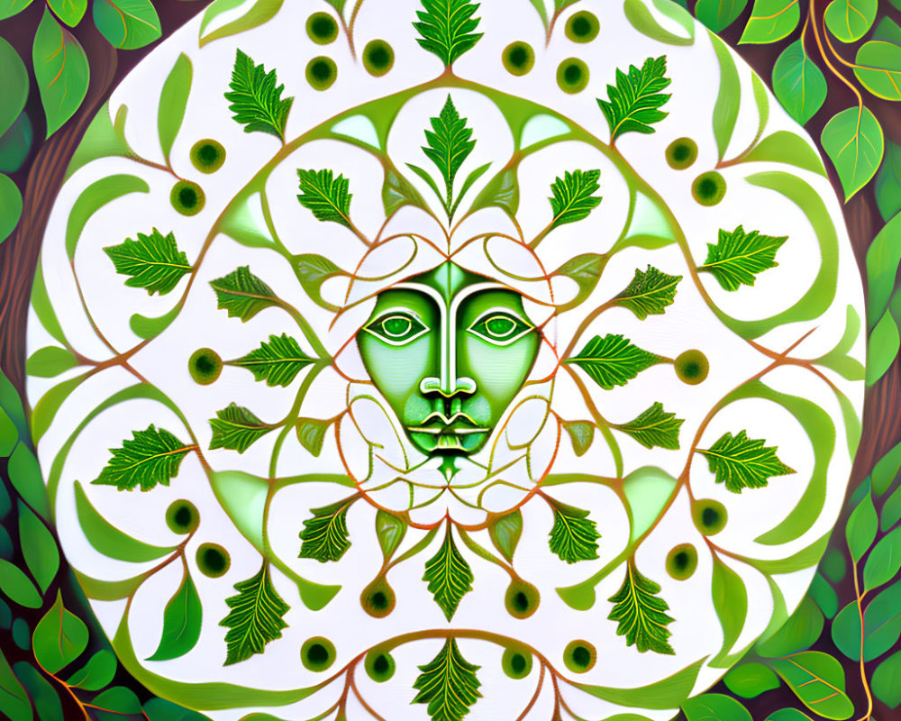 Symmetrical botanical artwork with green human-like face and swirling leaf patterns