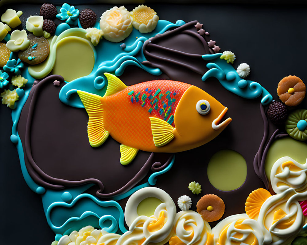 Colorful icing fish surrounded by edible shapes on dark base