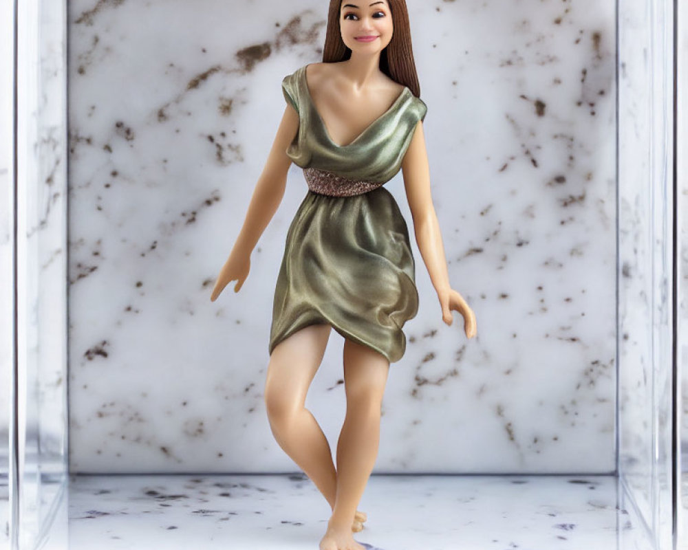 Long-haired doll in shimmering green dress displayed in clear box on marble backdrop