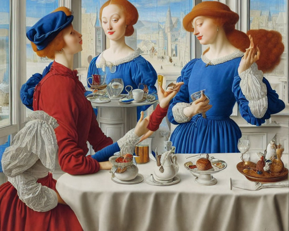 Three women in Renaissance attire having tea by window with cityscape view