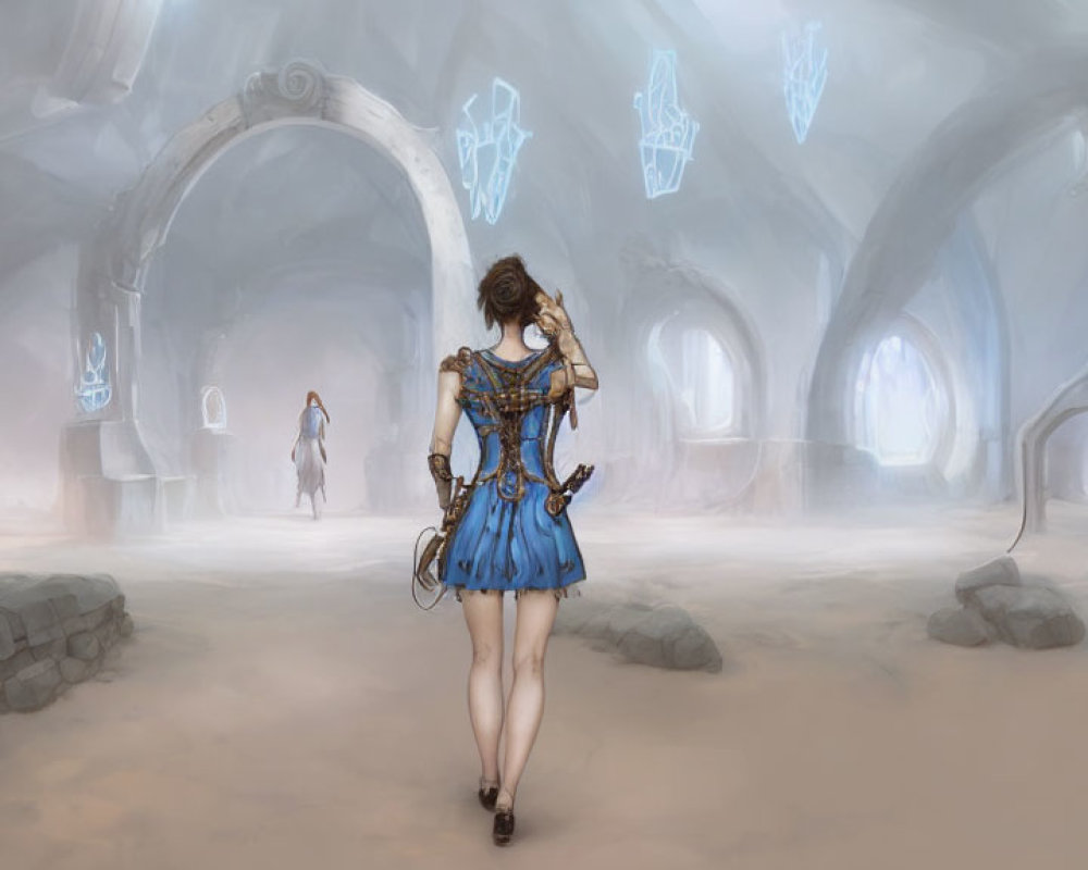 Fantasy Woman in Blue Outfit with Weapon in Mystical Room