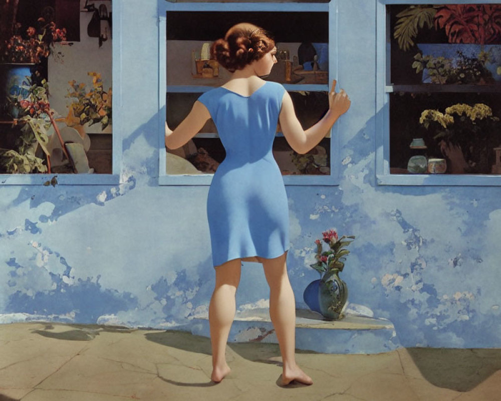 Woman in Blue Dress Standing at Open Window Under Bright Sky