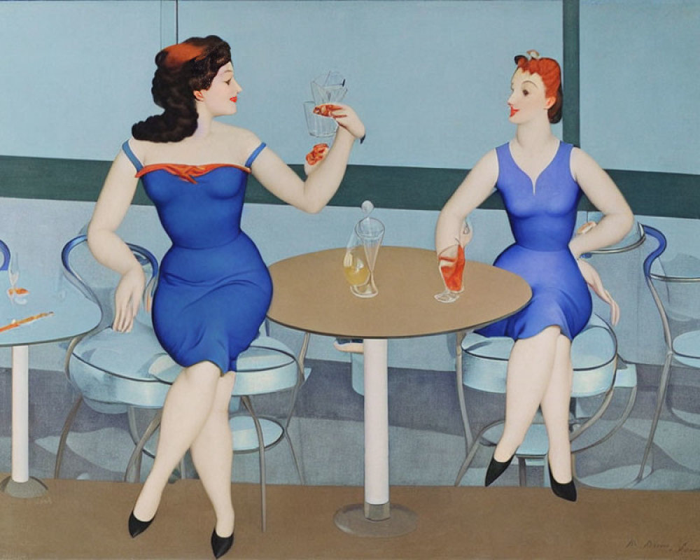 Stylized women in blue dresses at retro table with martini glass