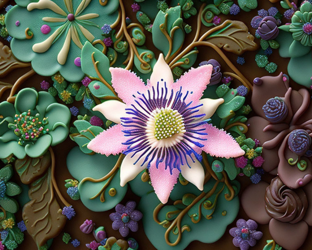 Detailed Polymer Clay Floral Design with Large Pink-Centered Flower