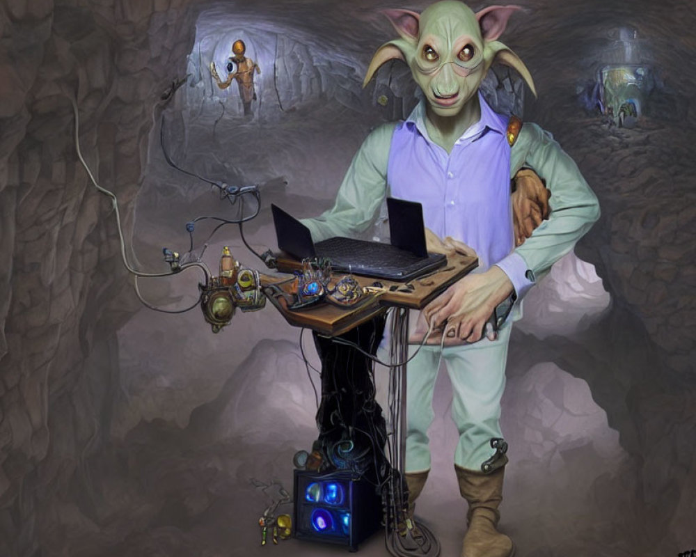 Fantastical creature in cavernous environment with laptop and tech gadgets