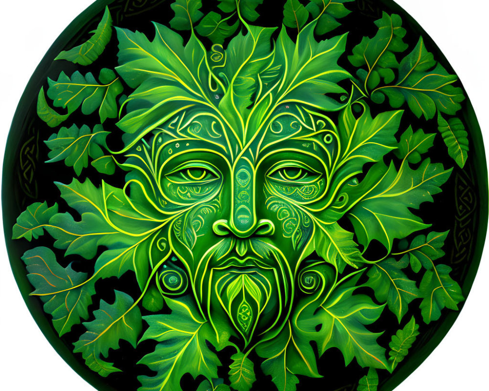 Illustration of Green Man Face in Vibrant Green on Black Background