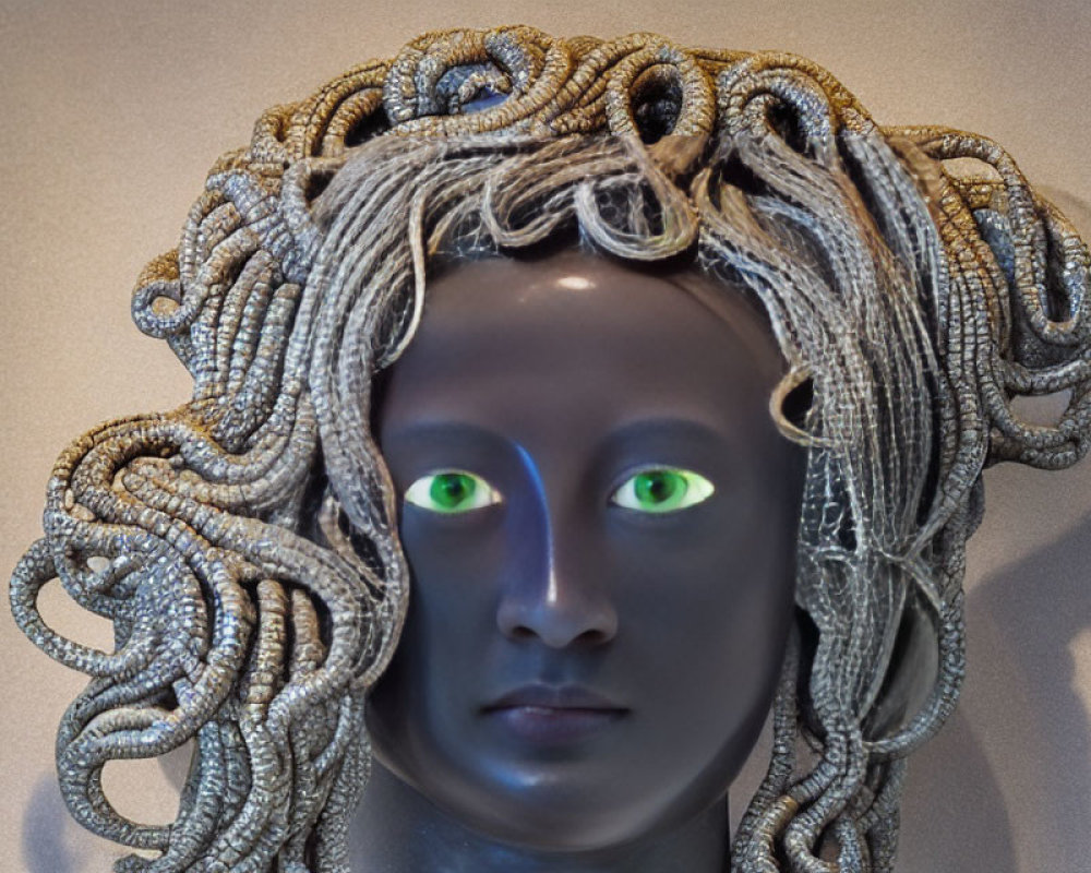 Metallic Serpentine-Haired Bust with Glowing Green Eyes