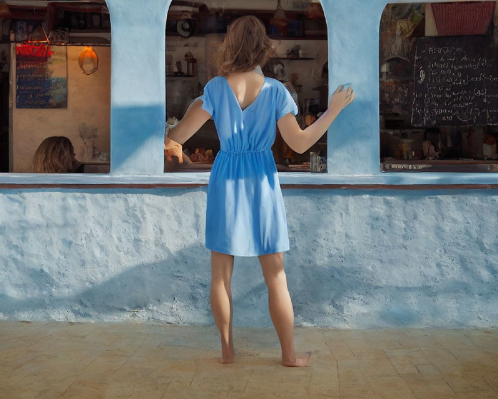 Woman in Blue Dress Standing at Rustic Eatery Counter