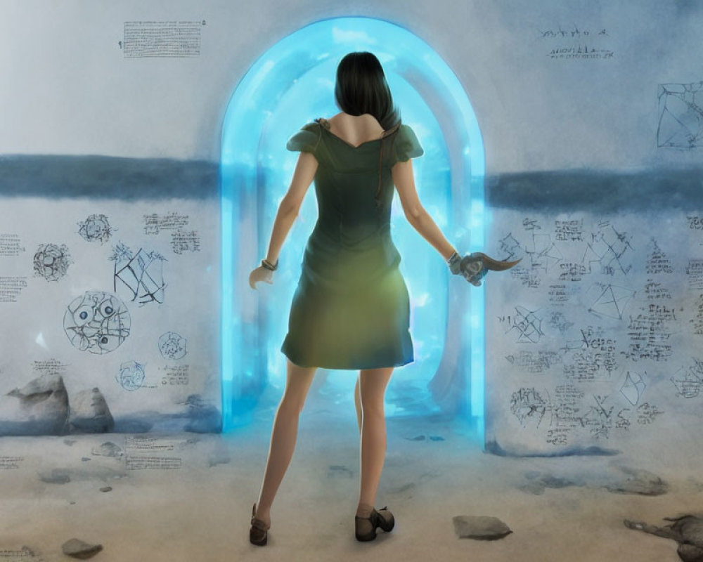 Woman in Green Dress Holding Tool in Front of Glowing Blue Portal