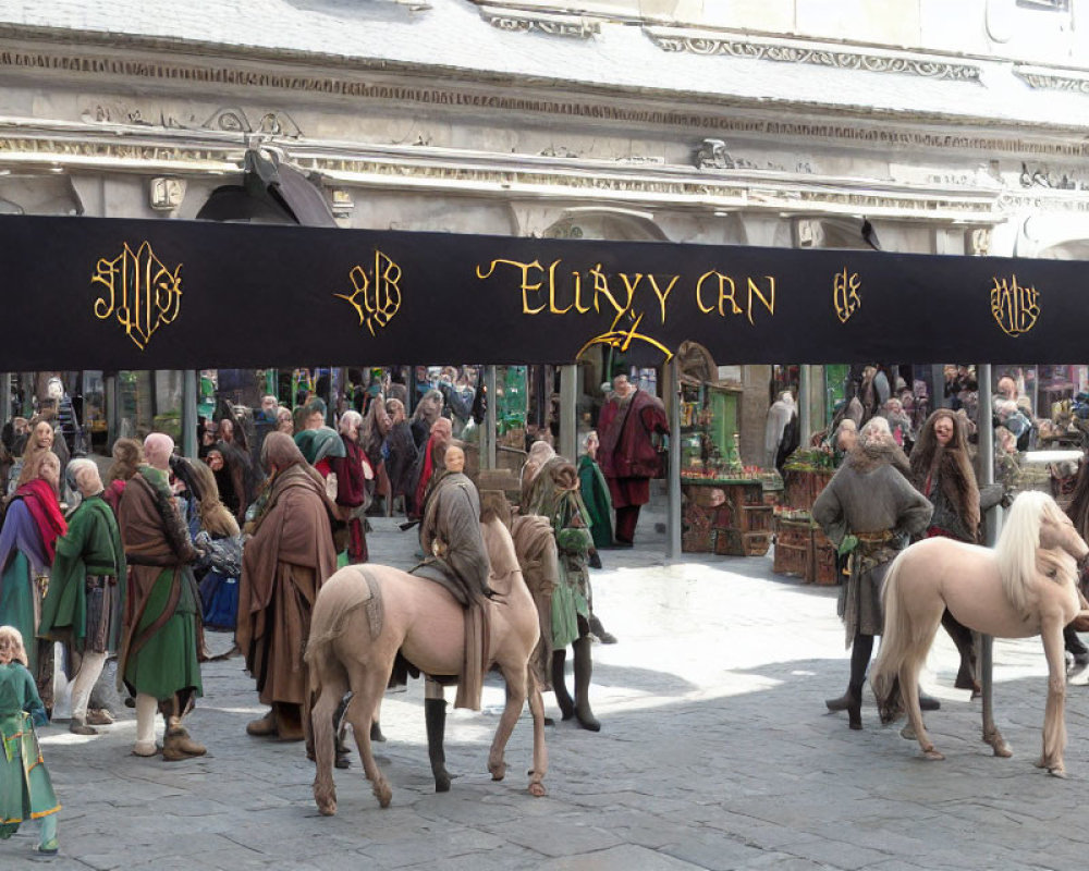 Medieval-themed market scene with people in period costumes and horses under fantasy script banner