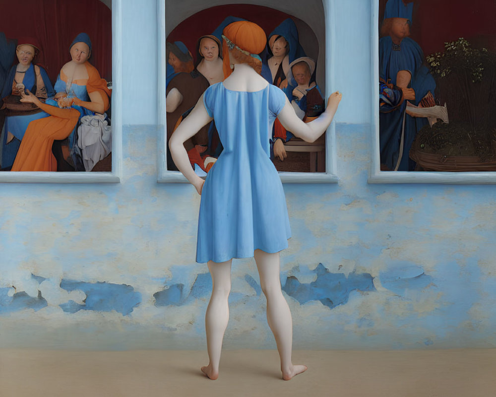 Modern woman in blue dress aligns with Renaissance painting figure