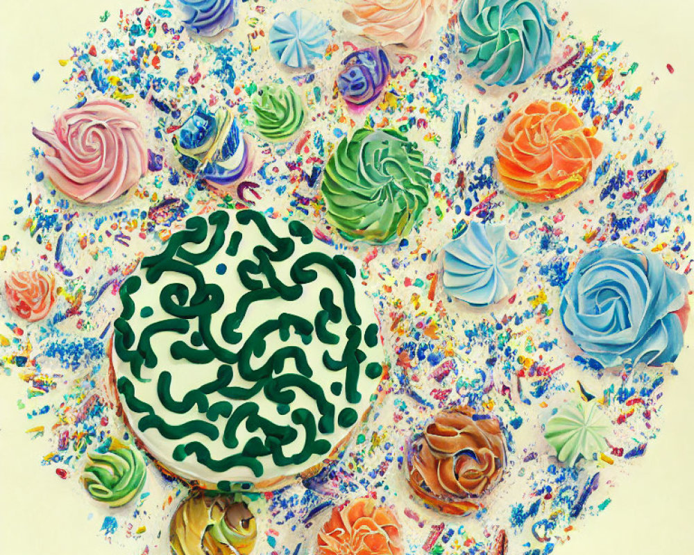 Colorful Piped Frosting Designs in Flower and Pattern Motifs Around Green Swirl