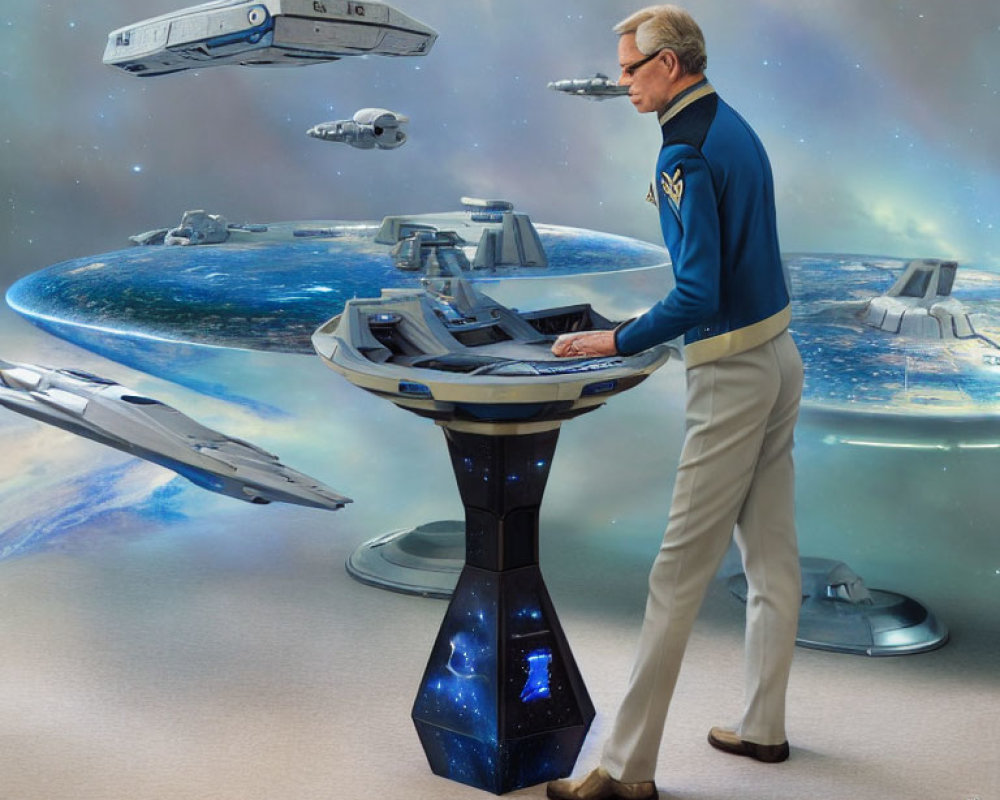 Futuristic uniformed person at console with holographic displays viewing starships orbiting planet