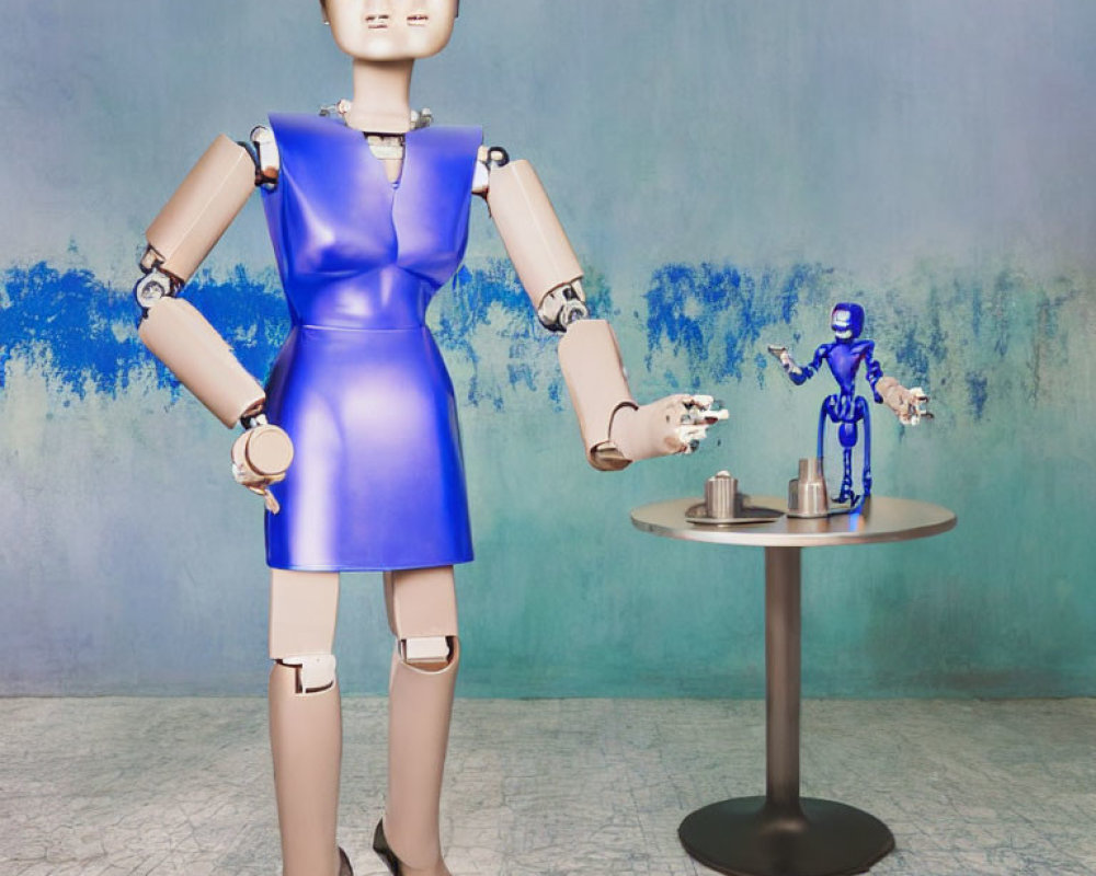 Serene humanoid robot in blue dress with tiny figure next to table