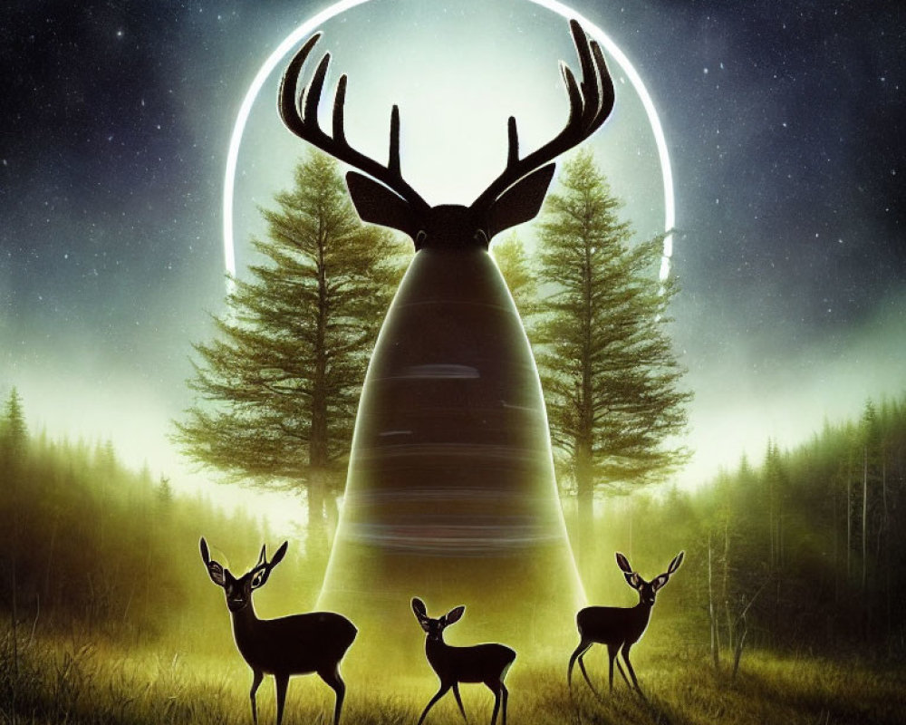 Enchanting night forest with glowing deer silhouette and starlit sky