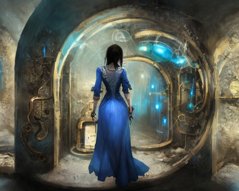 Woman in Blue Dress in Surreal Circular Room with Futuristic Interfaces