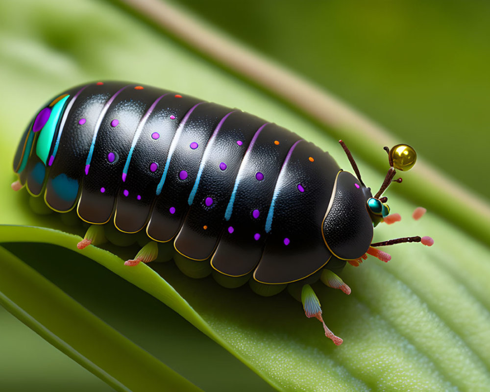 Colorful Caterpillar Illustration with Black Body and Spots on Green Leaf