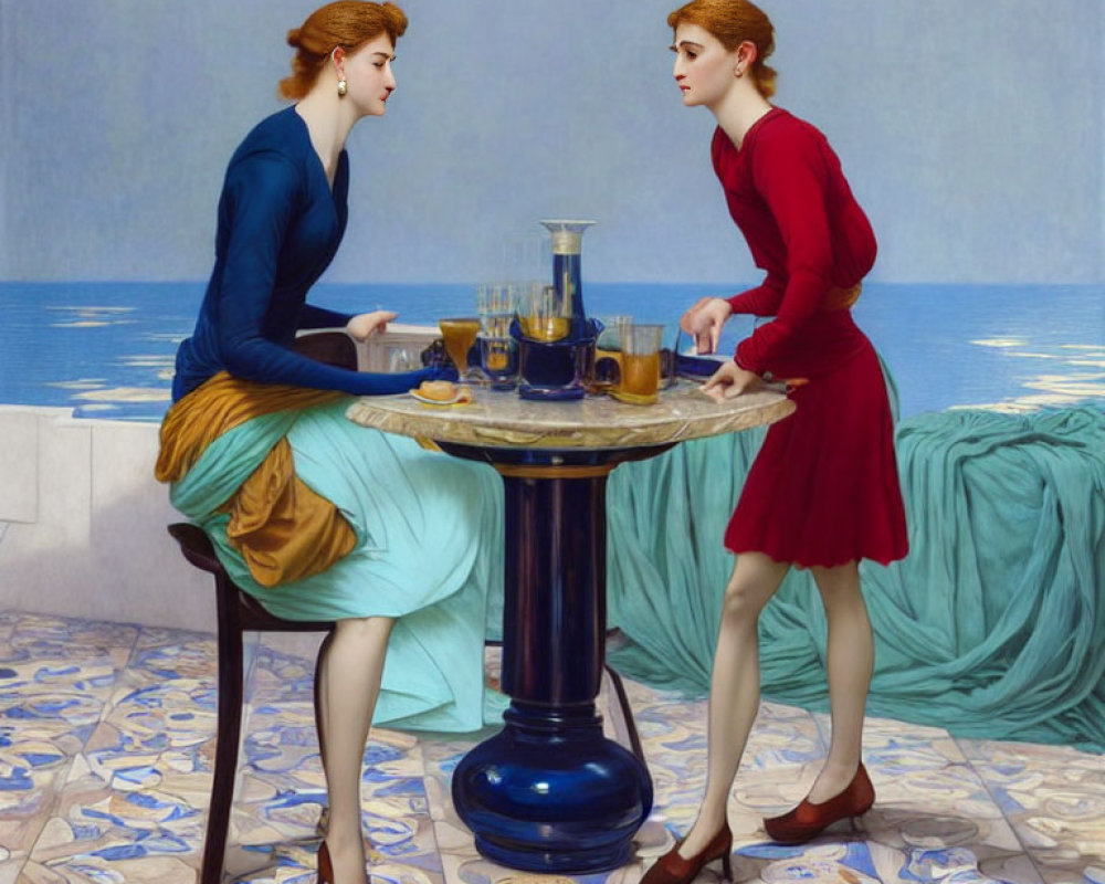 Two women conversing at a seaside table with drinks and a blue vase.