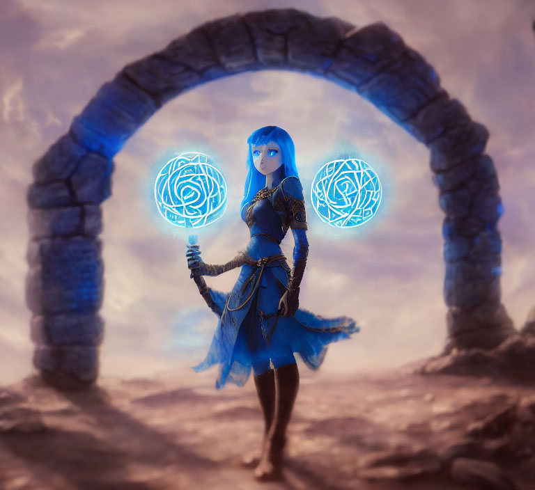 Blue-haired character with magical staff under ancient stone arch in dreamy sky