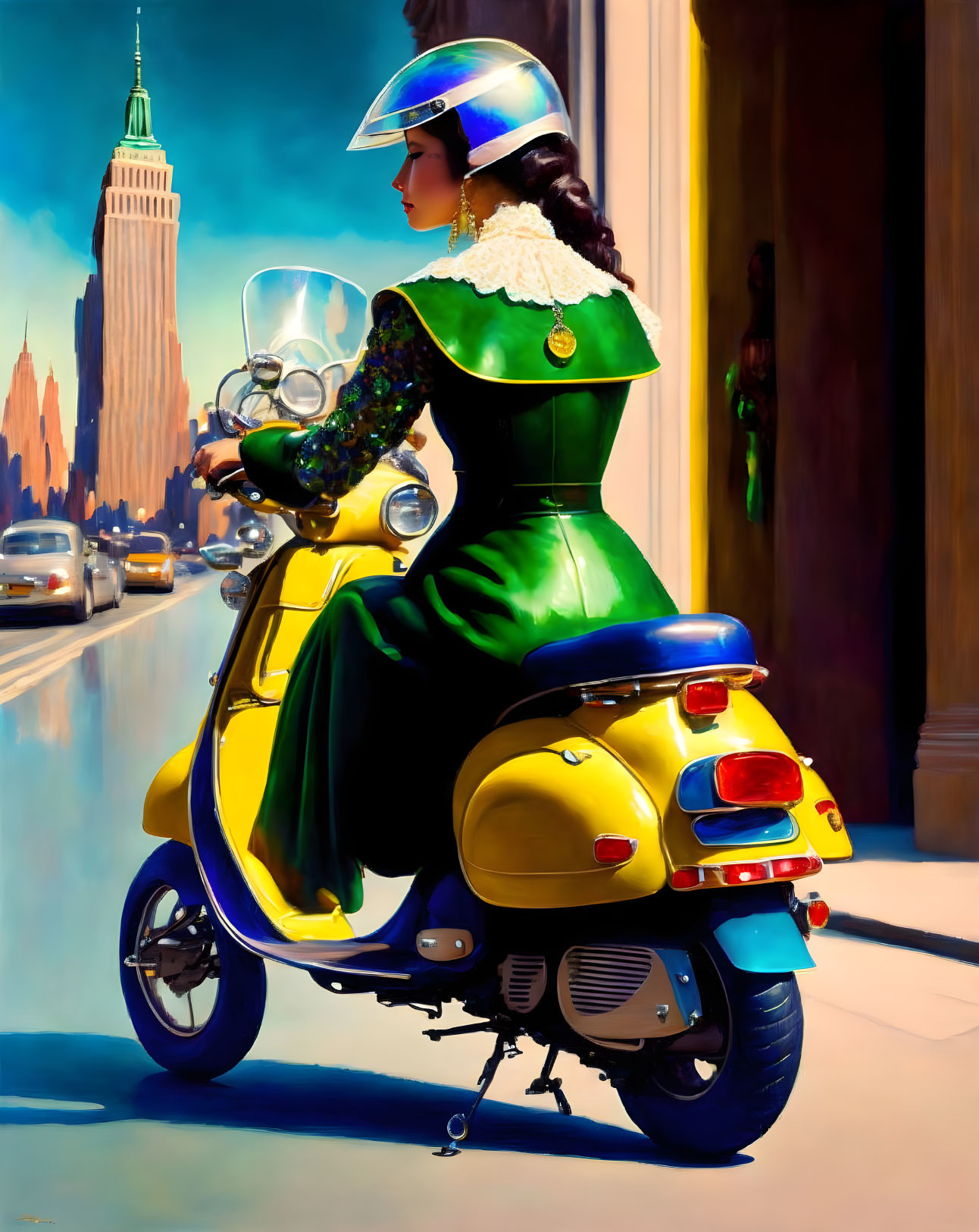 Vintage Green Dress Woman on Yellow Scooter in Urban Setting