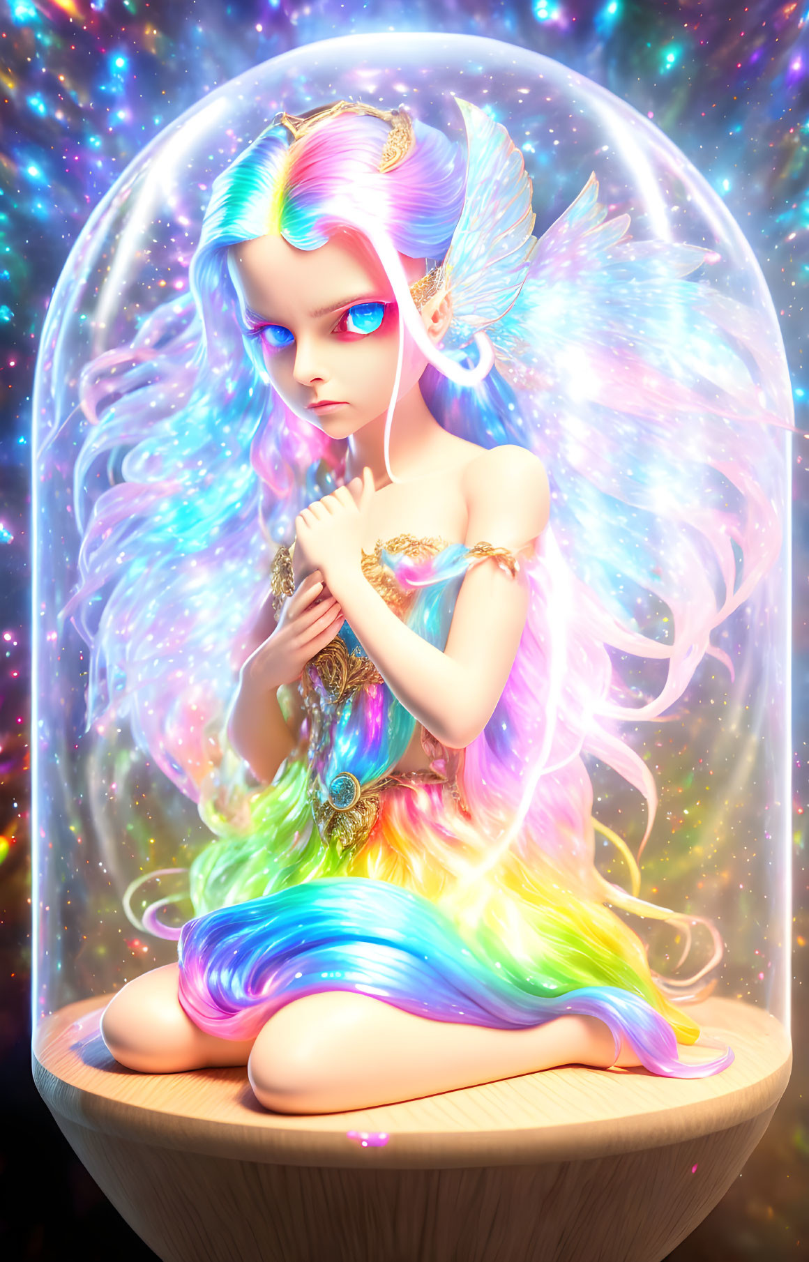 Colorful fairy with rainbow hair and wings in transparent bubble against cosmic backdrop