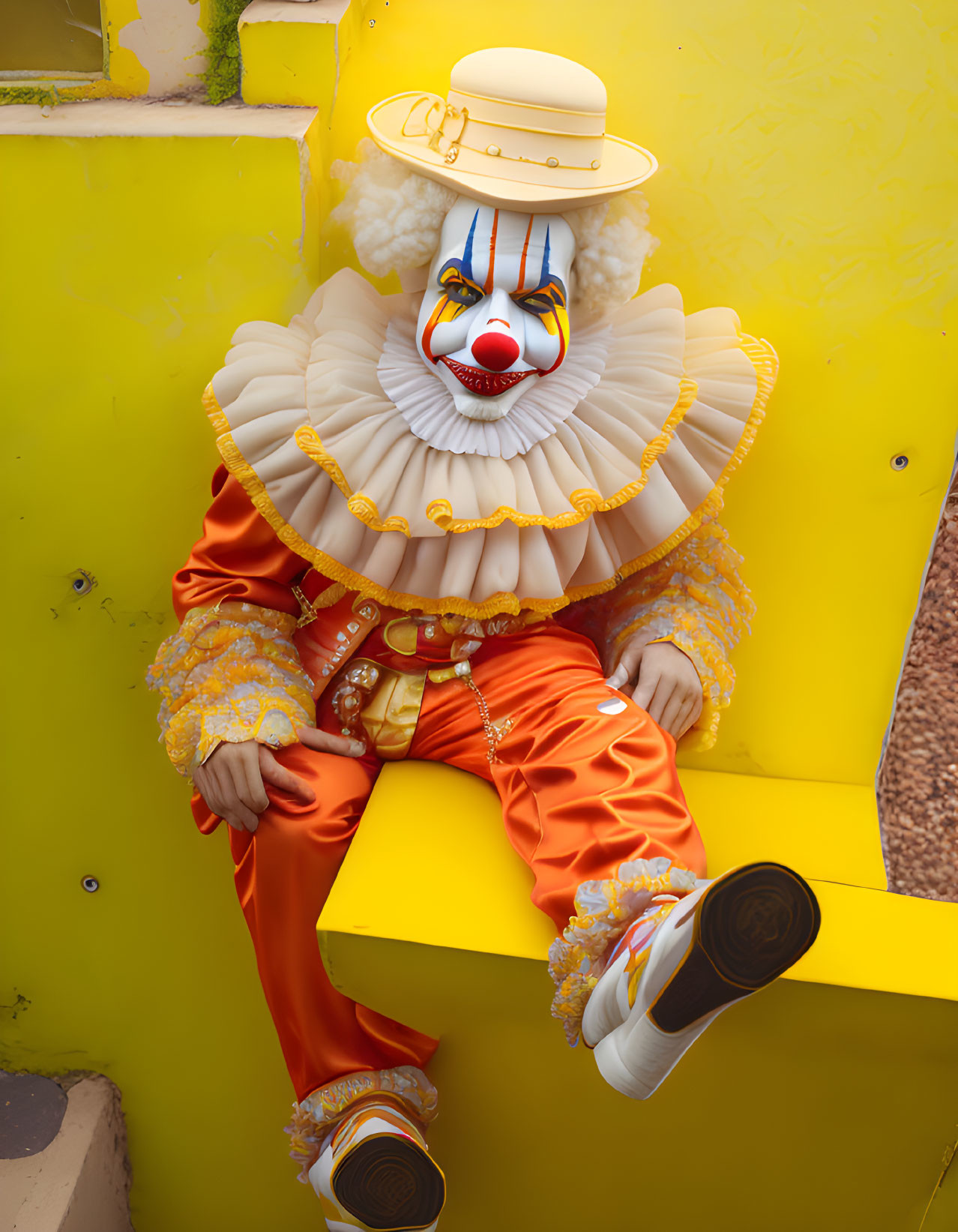 Colorful Clown in Orange Costume on Yellow Stairs