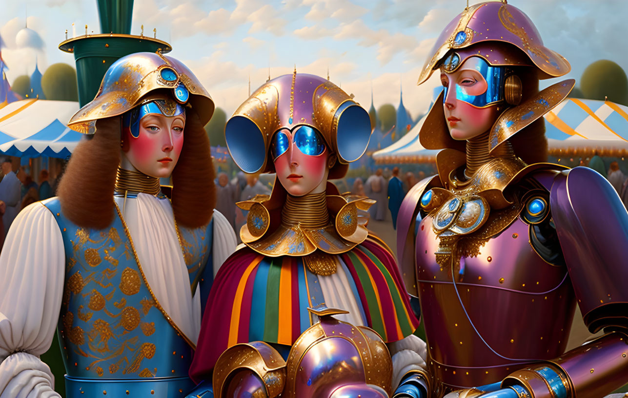 Three figures in futuristic knight armor against whimsical tent backdrop