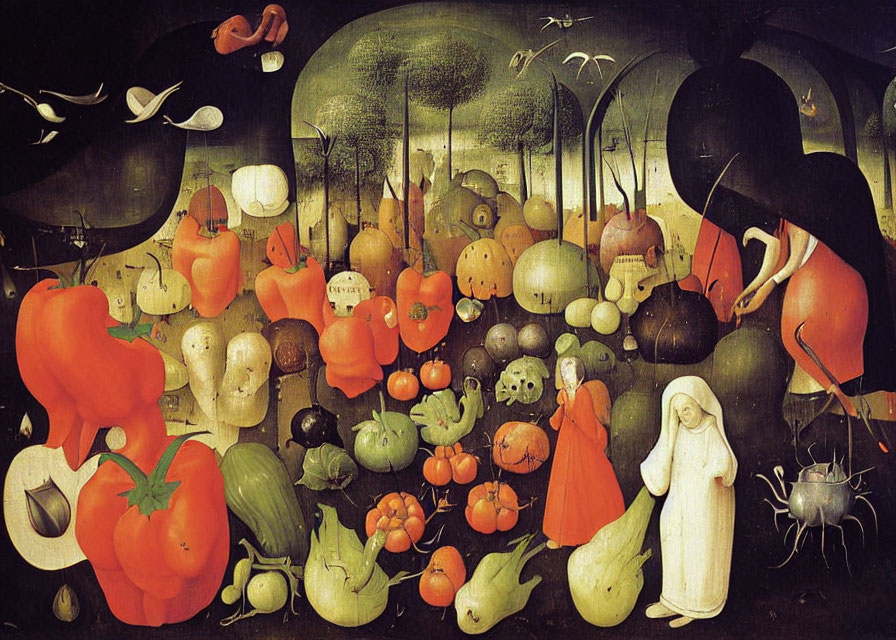 Anthropomorphic fruits and vegetables in garden setting with fantasy elements