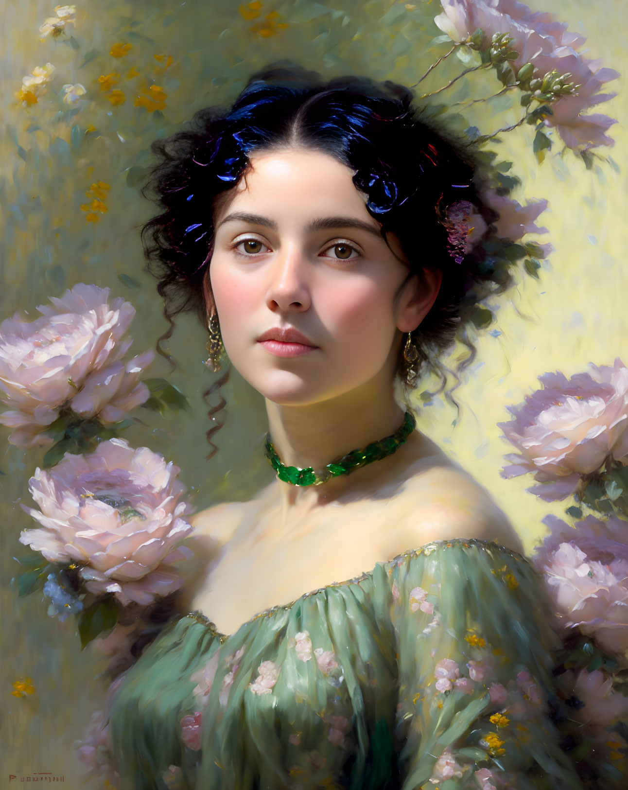 Portrait of young woman with dark hair in floral hairpiece and green dress