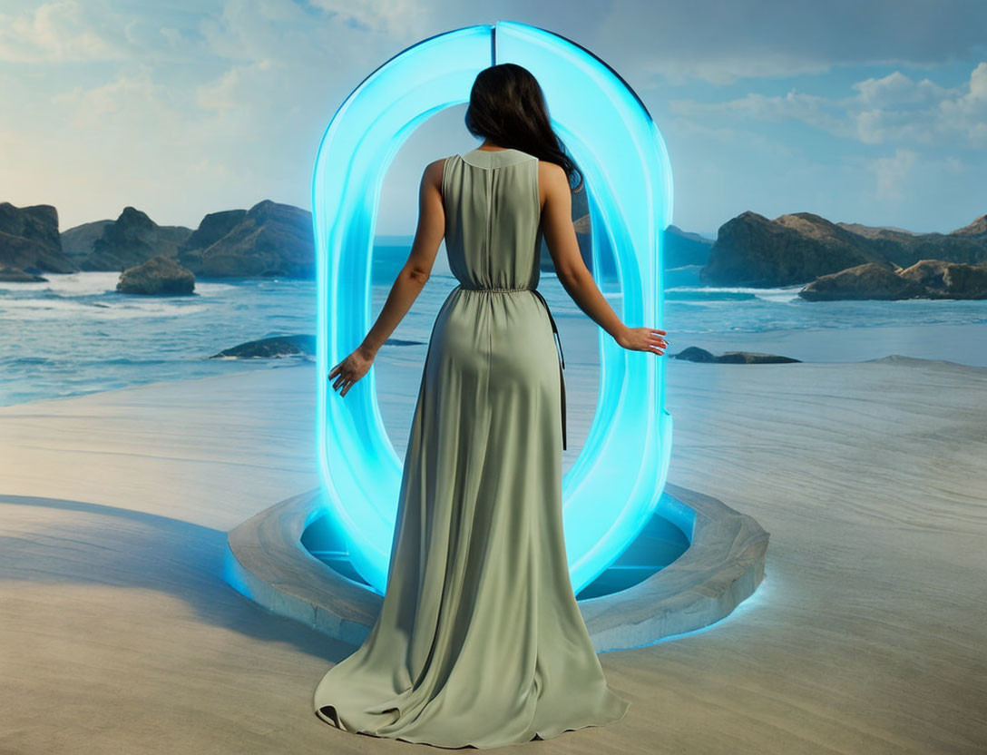 Woman in long dress at glowing portal on sandy beach