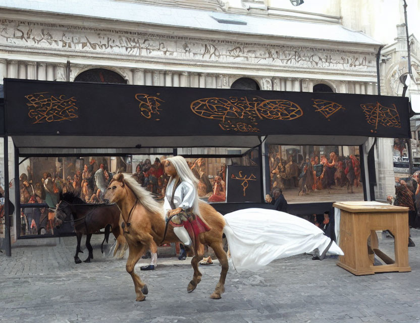 Outdoor art installation: life-sized horse statues and historic figures in period attire with classic painting backdrop