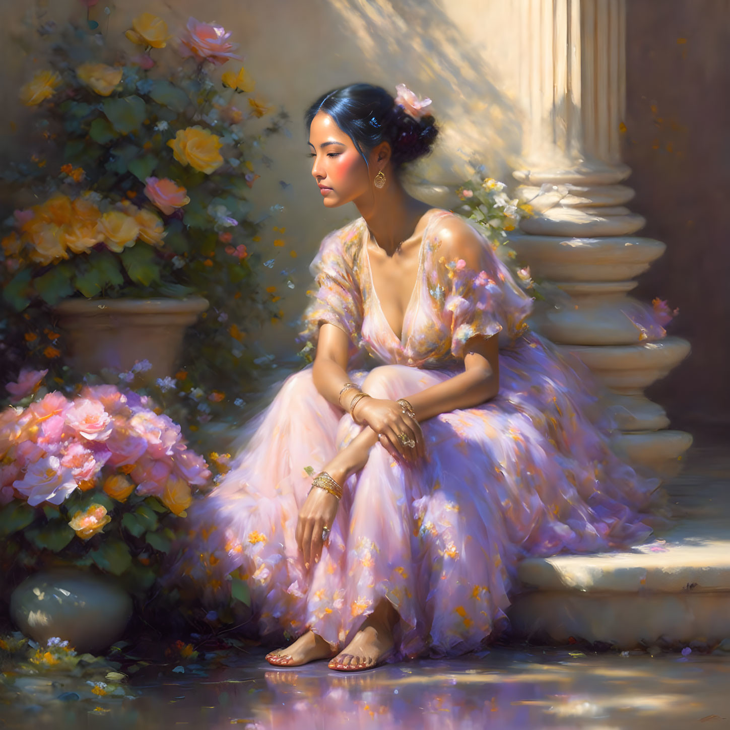 Ethereal woman in pink dress near blooming roses and classical architecture