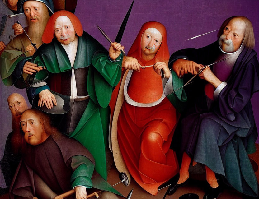 Renaissance painting of seven characters with exaggerated facial features holding objects