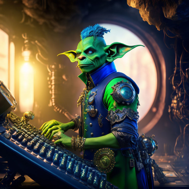 Fantasy character with green skin and sharp ears at control panel