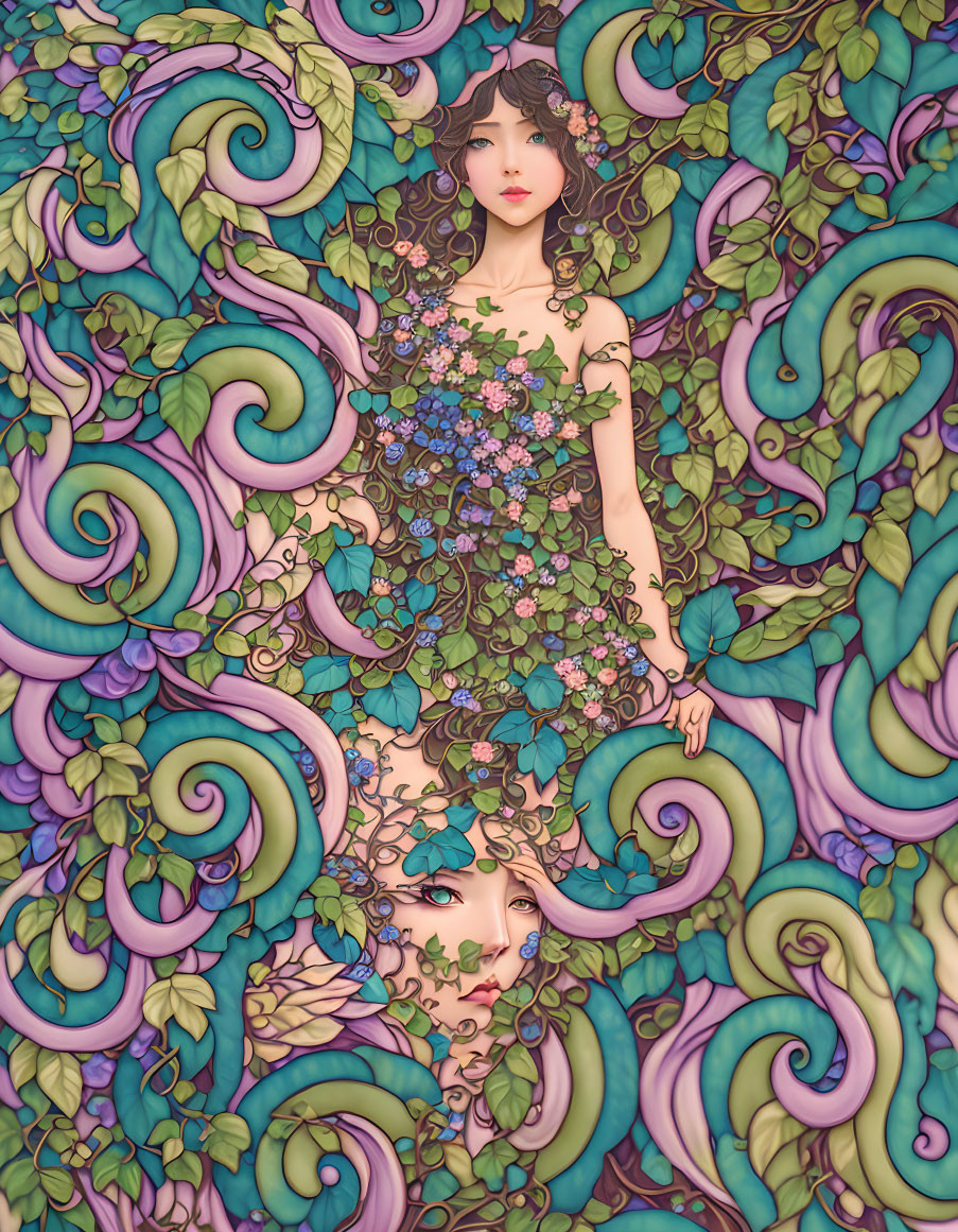 Woman adorned with flowers merging with floral background in Art Nouveau style